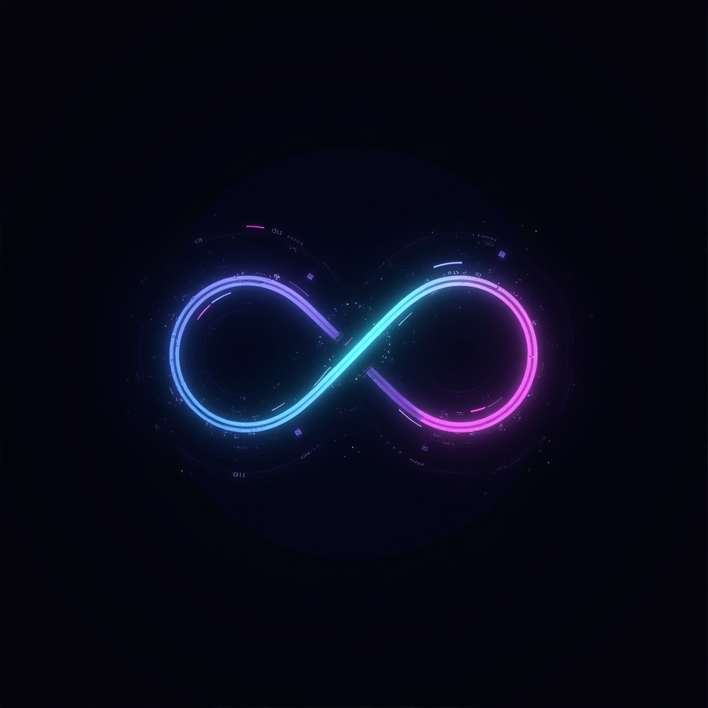 A futuristic logo design for a developer portfolio. Features a quantum superposition wave in the shape of curly brackets or an infinity symbol. Integrates binary digits in a glowing cyberpunk palette. The background is dark and incorporates a glitch effect. Resembles programming and innovation.