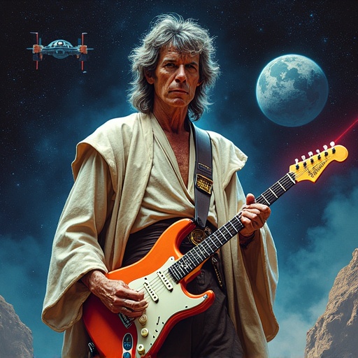 A rock guitarist dressed in a robe plays an electric guitar against a cosmic background with planets and a spaceship. The guitarist has a serious expression and long hair. The overall vibe mixes rock music with science fiction elements.