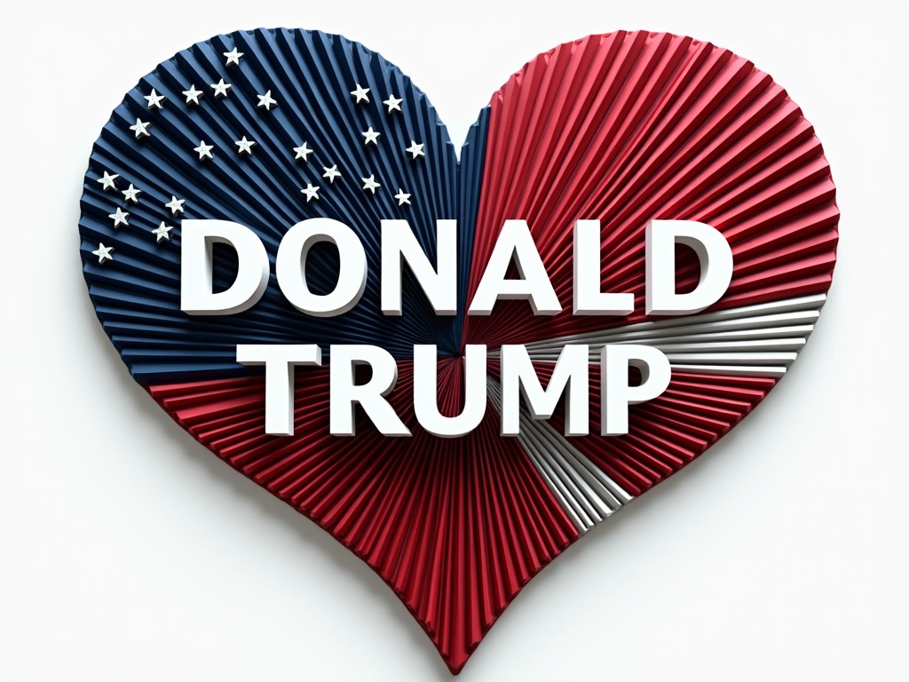 This image features a heart-shaped design with a vibrant representation of the American flag, including stars and stripes, overlaid by the words 'Donald Trump'. The design is textured, giving it a three-dimensional, folded paper-like appearance. The use of red, white, and blue evokes a sense of patriotism, making it a bold and visually striking composition.