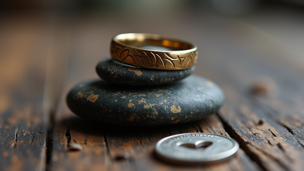 A golden ring with intricate engravings sits atop smooth black stones, next to a heart-embossed metallic coin on a distressed wooden surface.