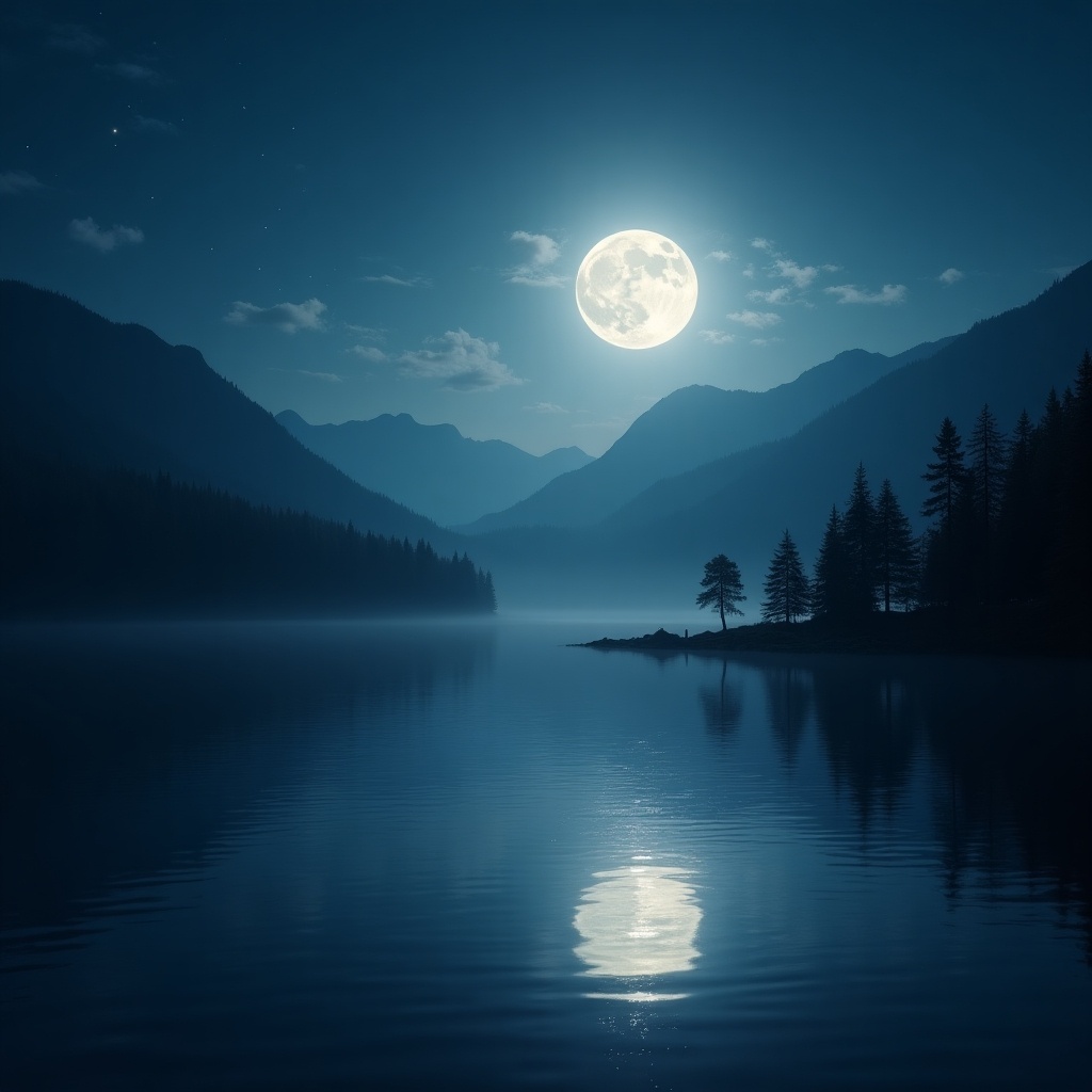 Tranquil moonlit landscape with a glowing full moon. Moon casts silver light across a peaceful lake. Reflection shimmers on water surface. Magical and celestial atmosphere evoking love and beauty.