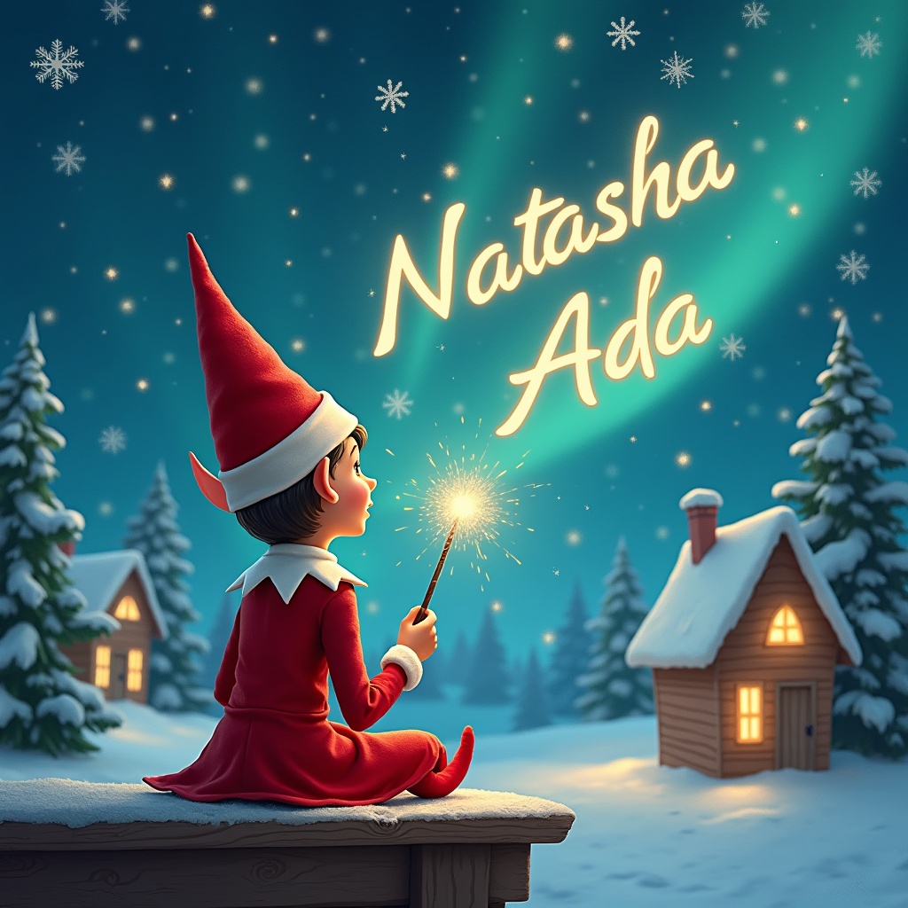 An elf sits on a wooden ledge with its back to the camera, gazing at a magical sky. Dressed in a bright red outfit and a pointed hat, the elf holds a sparkling wand. With this wand, it gracefully writes the names 'Natasha' and 'Ada' across the starry sky. The background features a charming snowy landscape with little houses and evergreen trees. Under the shimmering Northern Lights, this scene captures the essence of childhood magic and Christmas cheer.