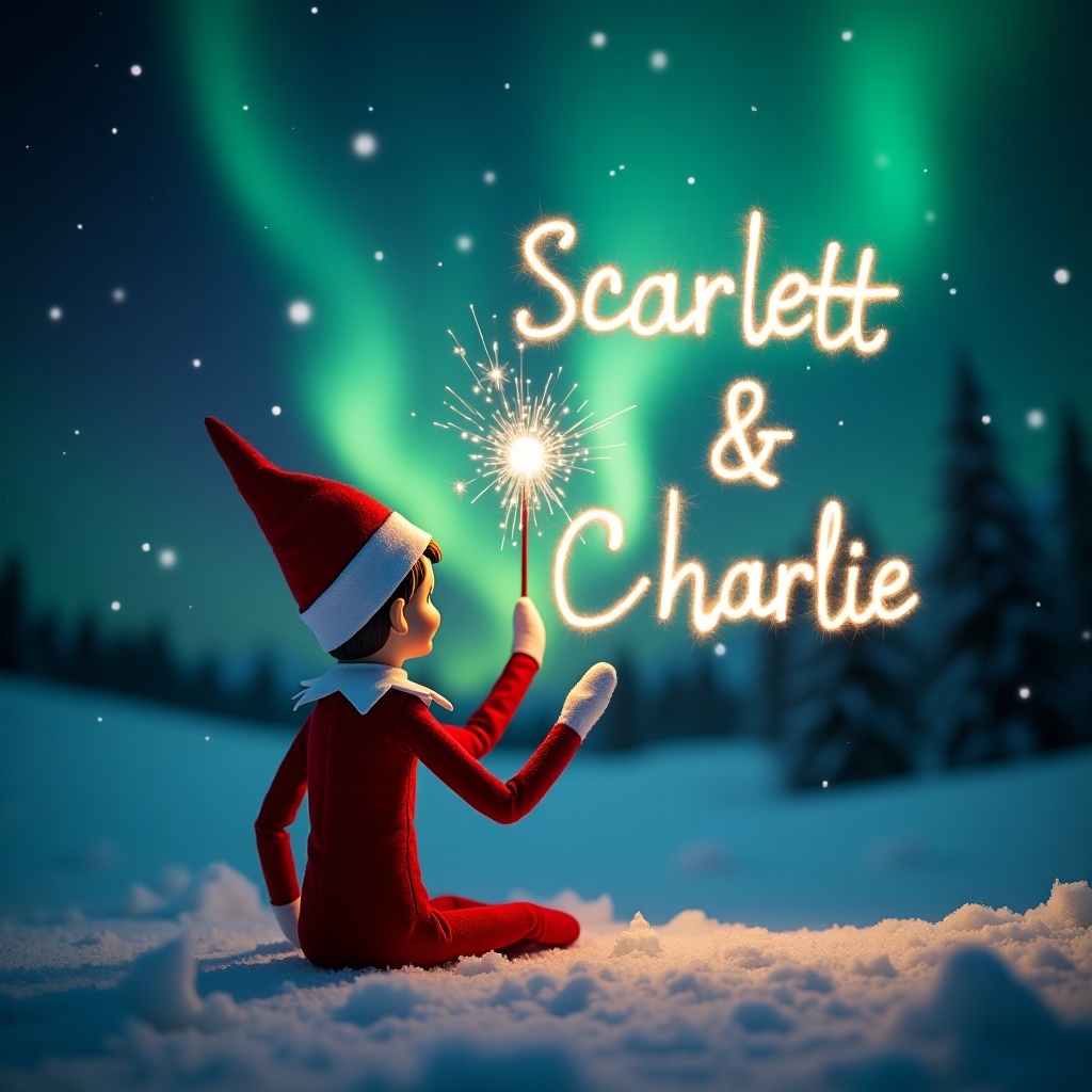 This image depicts a charming winter scene featuring an elf on the shelf. The elf, dressed in a classic red outfit, is positioned with its back to the viewer. It gazes up at a breathtaking night sky filled with northern lights. In its hand, the elf holds a magic wand, writing the names Scarlett and Charlie in glittering letters. The setting is a serene snowy landscape, evoking feelings of holiday wonder and joy.