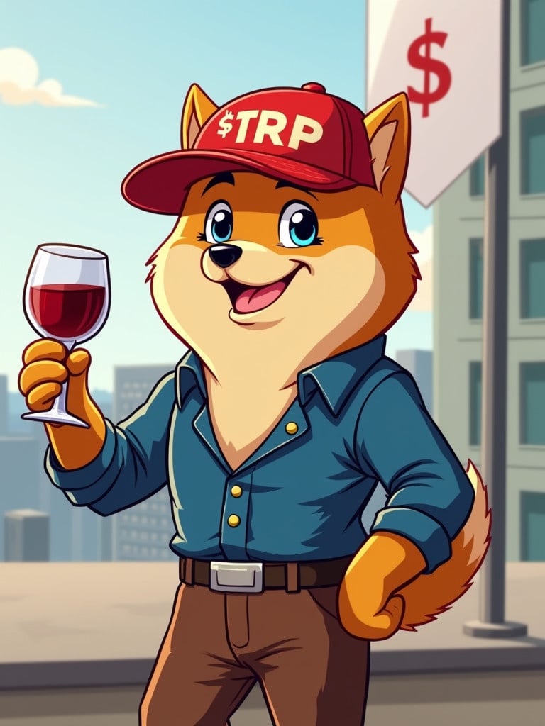 Animated Shiba dog character wearing a red $TRP cap and luxurious blue shirt. Brown trousers and holding a glass of wine. Background includes city building and white flag.