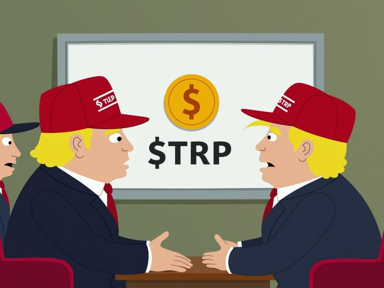 Three animated characters with red baseball caps discussing political campaigns related to Donald Trump. There is a whiteboard showing the $TRP cryptocurrency and its utility in burning supply to increase value. The scene indicates a collaborative business discussion about financial strategies.