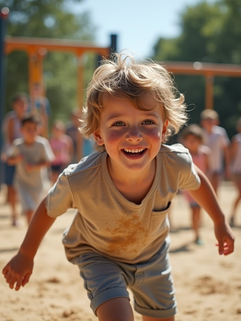 A boy enjoys playing in a playground under bright sunlight. He runs energetically amidst other children engaging in various activities. Some kids create minor chaos while others play happily. The scene is warm and vibrant with sunlight casting a cheerful atmosphere.