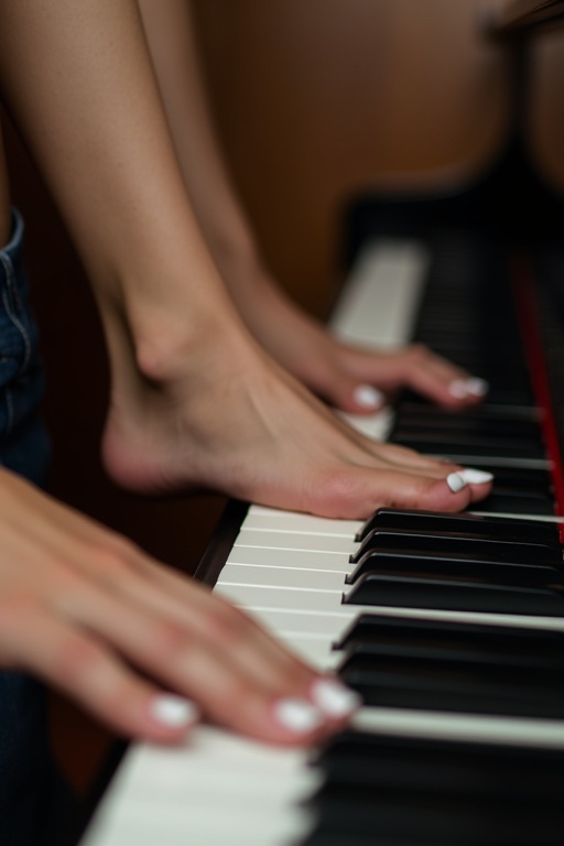 A woman with white toenail polish is playing the piano using her feet. The image captures a side view focusing on the elegant connection between the feet and the piano keys. No hands are visible in the frame.