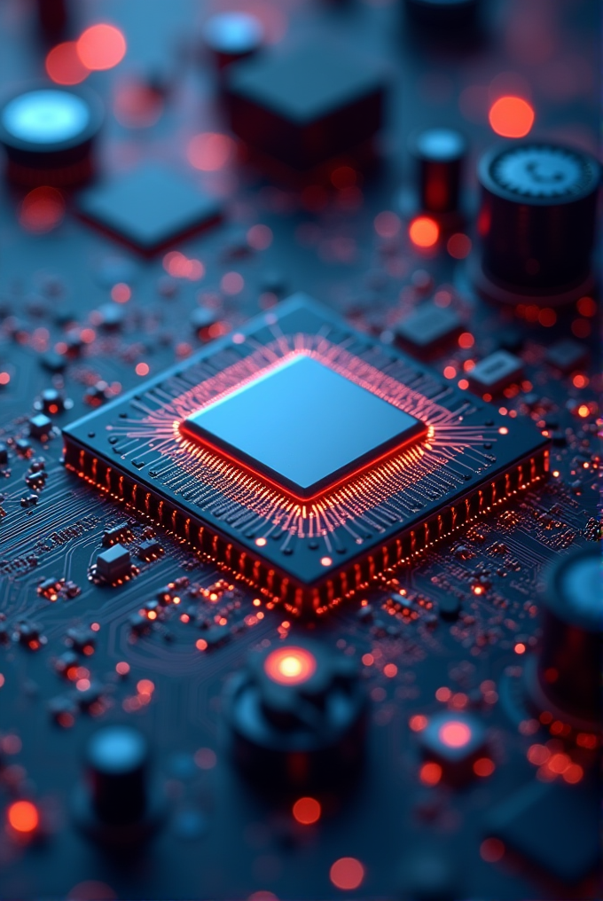 A glowing microchip sits on a detailed circuit board with red lights.