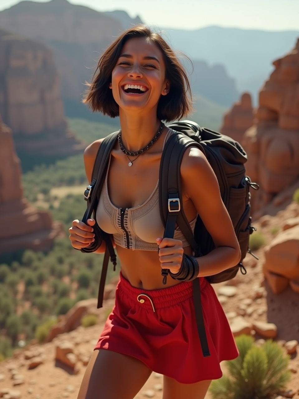 A vibrant image of a smiling woman wearing a hiking outfit with a backpack, captured in a picturesque desert landscape under bright sunlight. She appears joyful and energetic, embodying the spirit of adventure.