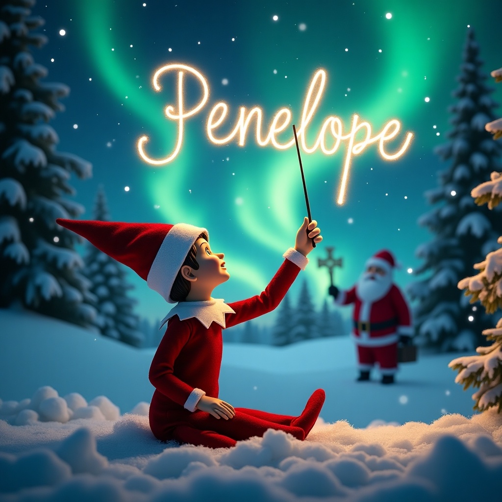 Enchanting Christmas scene with an elf on the shelf. The elf sits facing away, looking upwards. It holds a wand, writing 'Penelope' in the night sky. The background features beautiful northern lights and Santa Claus in the distance. Snow covers the ground, creating a serene winter landscape. It captures holiday joy and wonder.