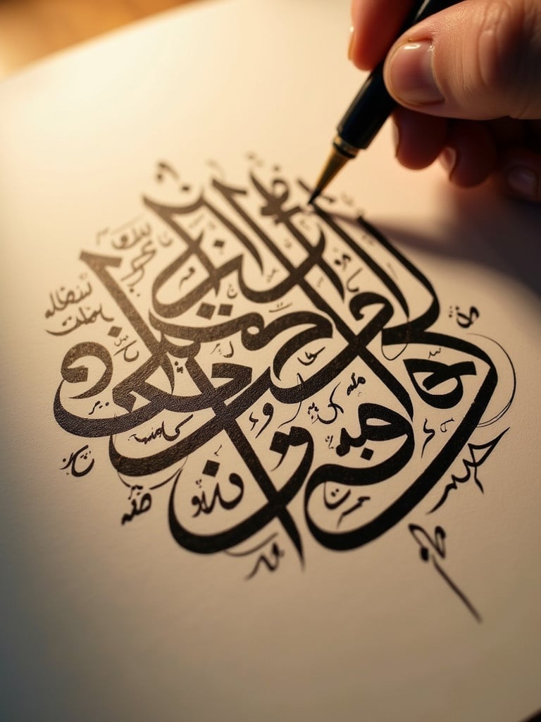 Intricate Arabic calligraphy features the phrase تحفة الانام مختصر تاريخ الإسلام. A person writes the calligraphy with a pen. The environment has soft lighting. The focus is on the elegant strokes of the letters.