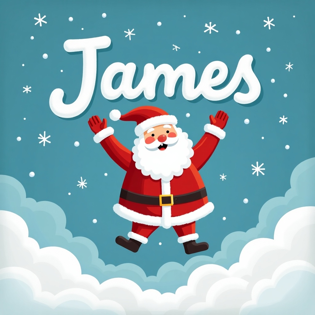 The image features a cheerful Santa Claus writing the name 'James' in the sky. Santa is dressed in his traditional red suit with white trim, exuding happiness. Snowflakes fall gently around him, and he is surrounded by fluffy white clouds. The background is a soothing blue, enhancing the festive mood. This artwork would be perfect for personalized Christmas greeting cards or decorations.