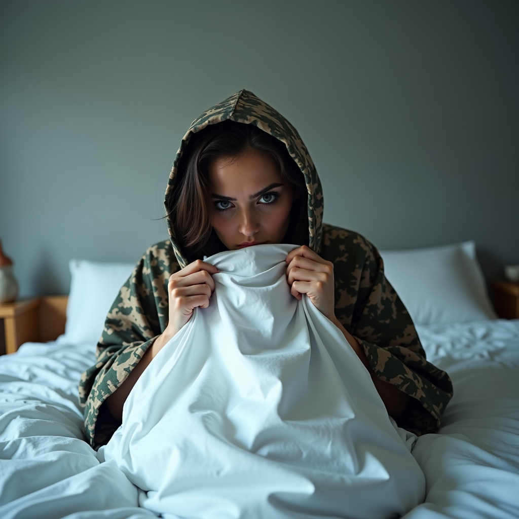 A person in a camo hoodie sits on a bed, holding a white blanket close.