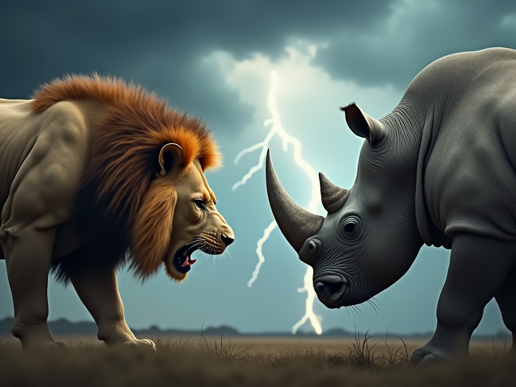 The image depicts a fierce confrontation between a lion and a rhino, set against a stormy backdrop. The lion has a majestic mane, growling with intensity. The rhino stands firm, displaying its massive size and distinctive horn. Dark clouds loom overhead, with flashes of lightning illuminating their faces. This creates a dramatic atmosphere, emphasizing the tension between these two powerful creatures. The scene captures the raw energy of nature and the spirit of these iconic animals.