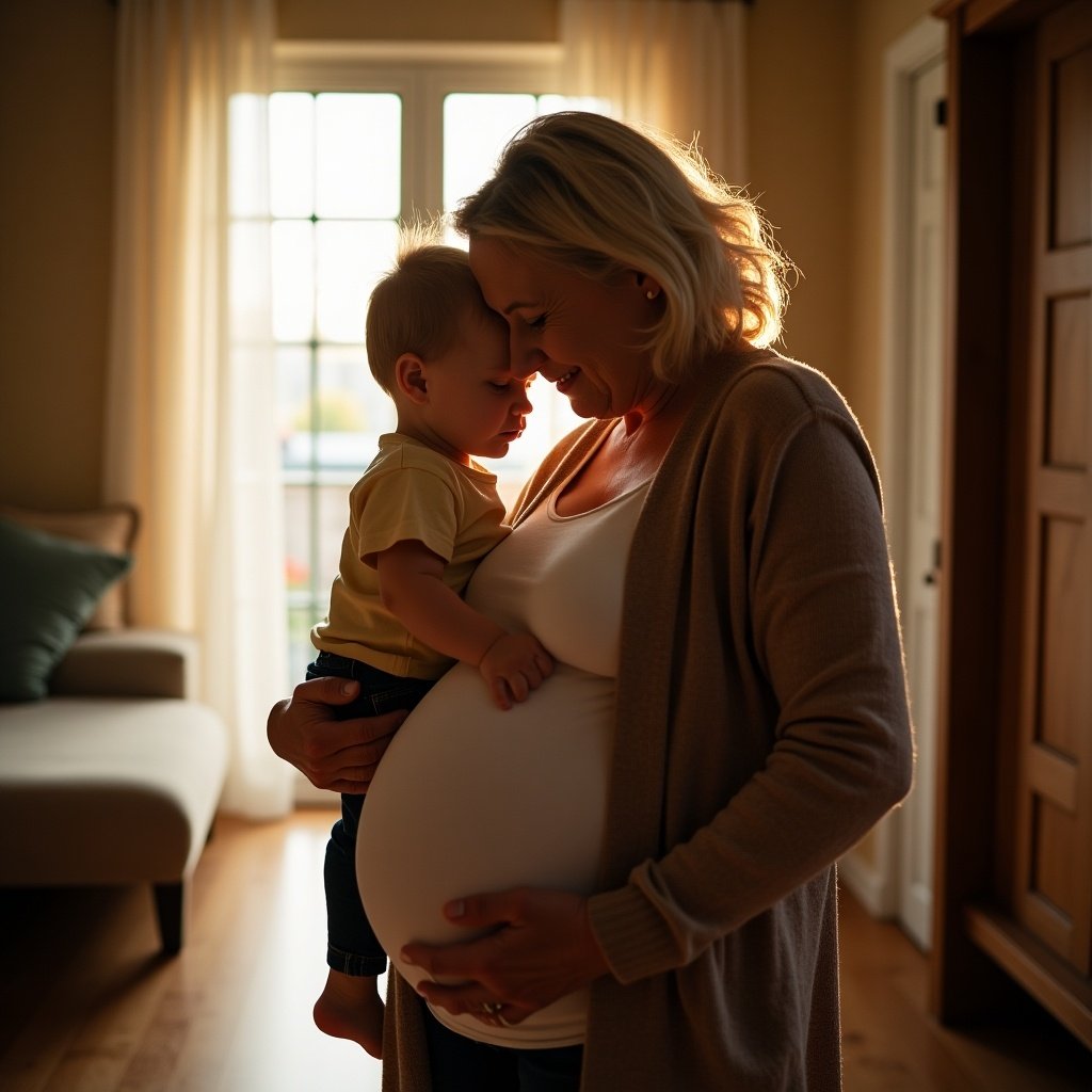 Grandmother carries grandson on hip. Grandmother is pregnant. Indoor setting with warm lighting. Focus on their bond.