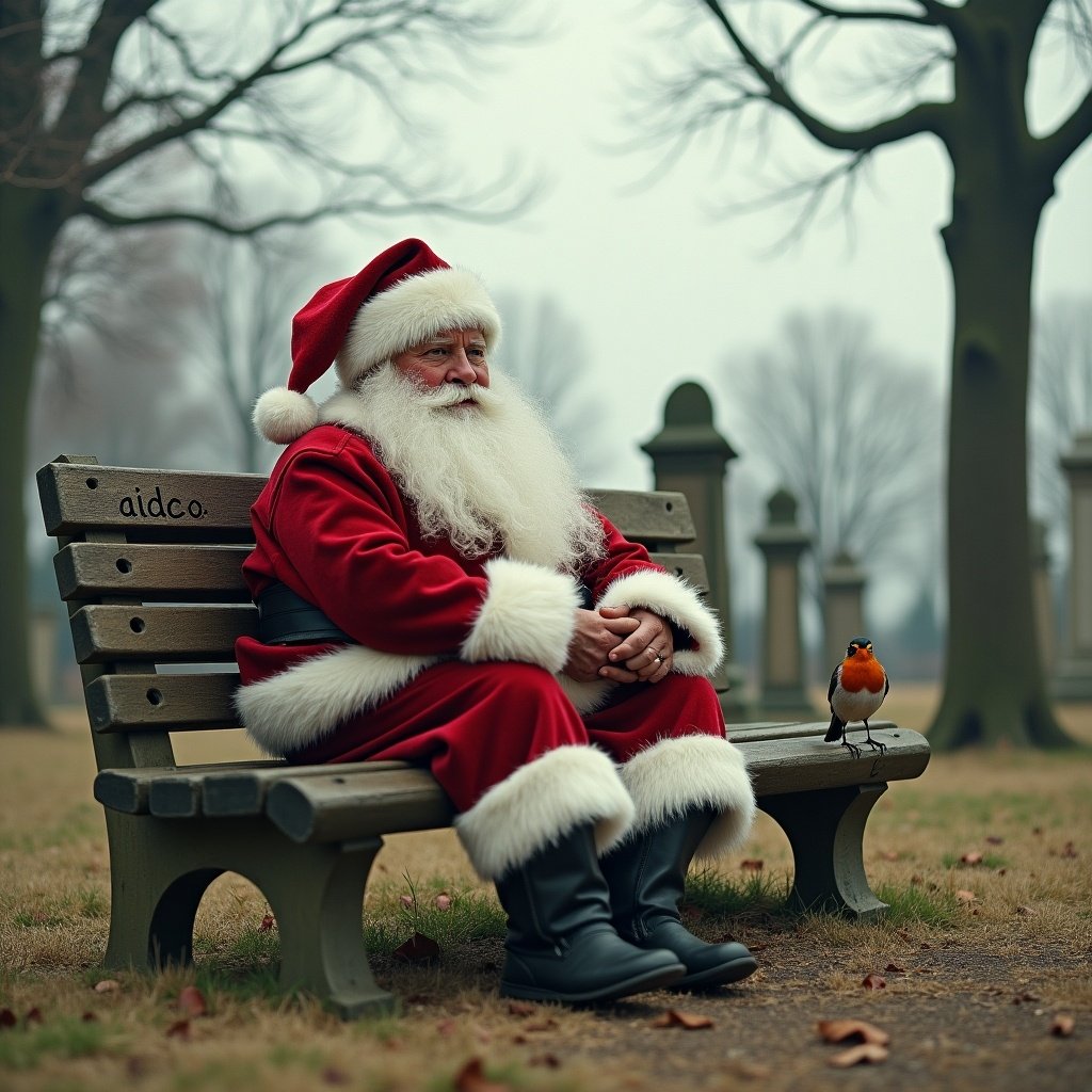 Father Christmas is sitting on a cemetery bench. There is a red-breasted robin beside him. The bench has 'dicko' written on it. The scene is peaceful and wintery.