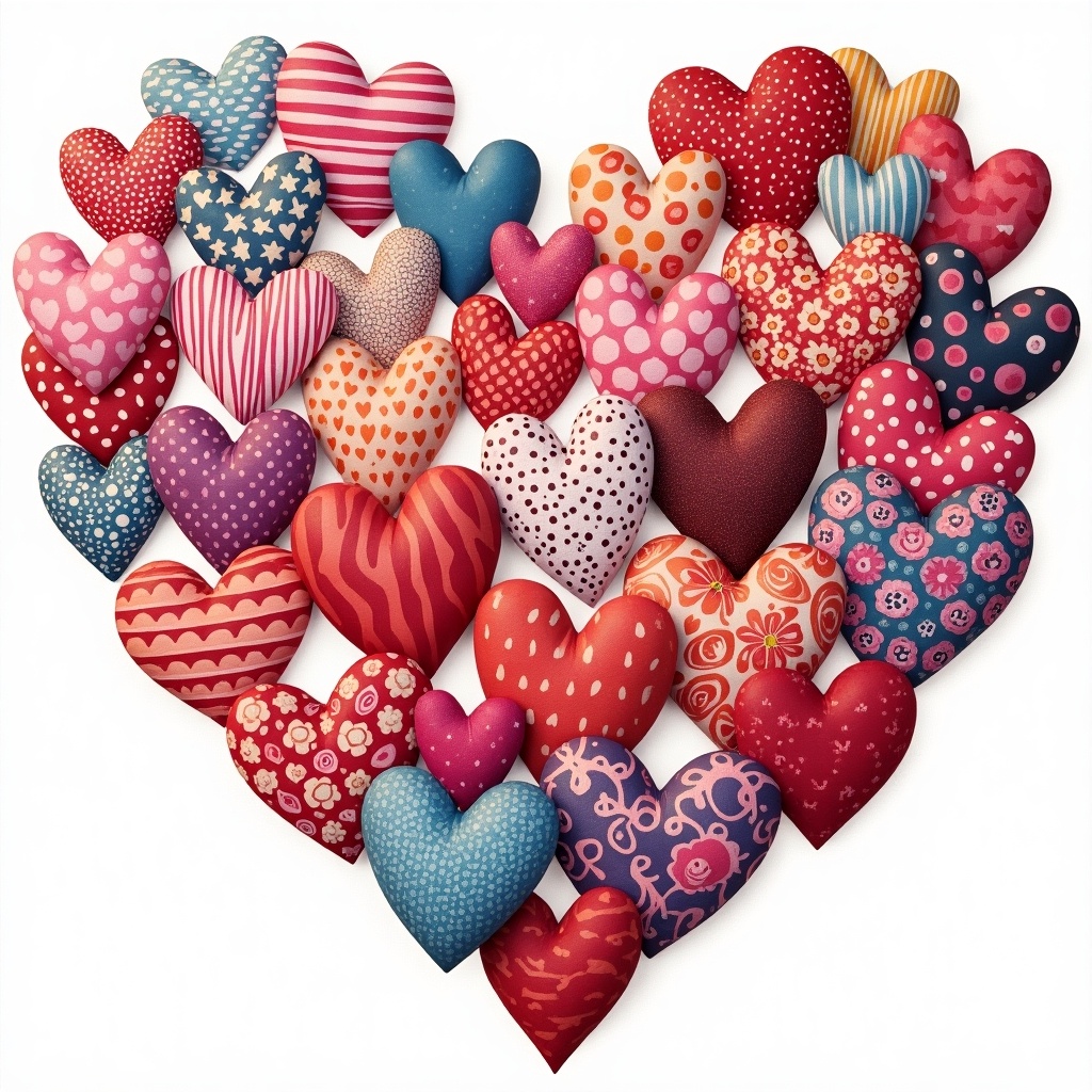 This image features an arrangement of various colorful hearts, all uniquely designed. The hearts come in different patterns, sizes, and shades, creating a vibrant display. They are laid out to form the shape of a larger heart, symbolizing love and affection. This visual could evoke feelings of joy and warmth in the viewer. It would be perfect for promoting fundraising events that are centered around themes of love and community.