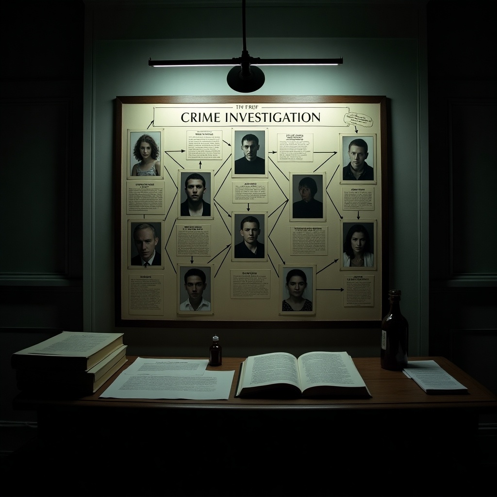 A crime investigation board in a dimly lit room filled with photographs and connections of various individuals. The board has descriptions of subjects and evokes mystery. Books and a bottle are placed in front of the board, indicating ongoing research. Soft lighting enhances the atmosphere.