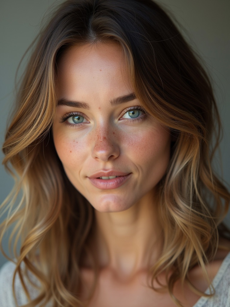 Realistic portrait of a woman in her thirties. She has sandy brown hair with lighter highlights. Her eyes are a captivating blue-green. She wears stylish modern clothing suitable for photography. Skin features light freckles. Short stature accentuates her youthful appearance.