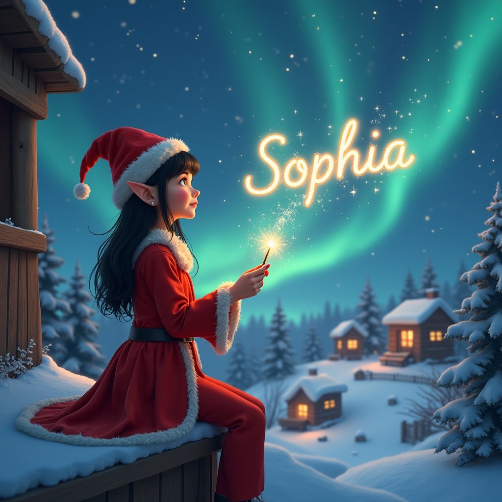 A female elf with dark hair and eyes is seated on a wooden ledge, facing the camera. She gazes up at a magical sky filled with stars and vibrant Northern Lights. Dressed in a festive red outfit and a pointed hat, she holds a sparkling wand. With elegance, the elf writes the name 'Sophia' in the air as it glimmers. Surrounding her is a serene snowy landscape, dotted with charming little houses and evergreen trees, capturing the essence of childhood magic and Christmas cheer.