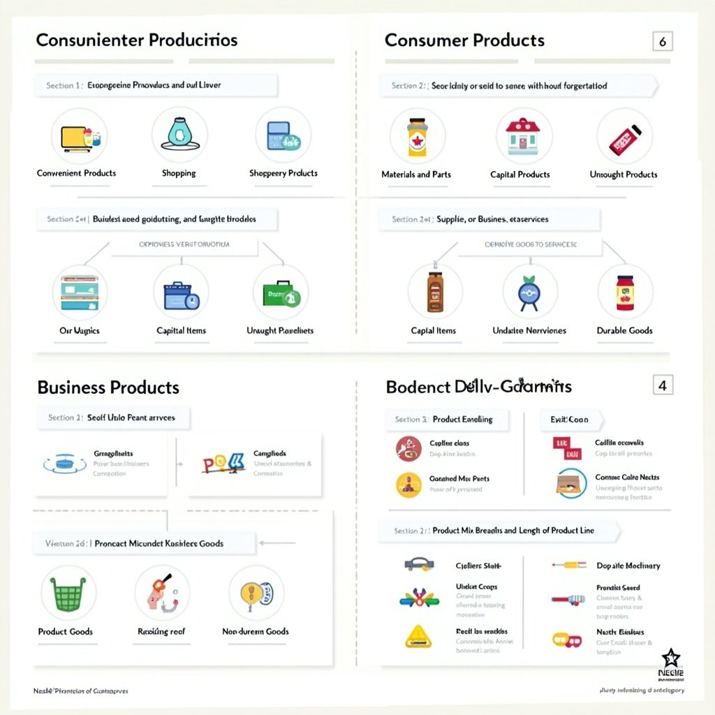 Visual representation of different types of consumer and business products. Organized sections outlining convenience, shopping, specialty, and unsought products. Details on materials, parts, capital items, maintenance supplies, and product longevity. Infographics on product mix breadth, length, and consistency featuring Nestlé. Clear icons and simple descriptions.