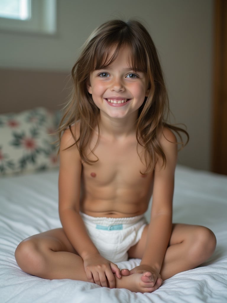 A 13 year old girl is seated on a bed. She wears a diaper and is positioned on white bed sheets. The room has a soft and inviting atmosphere. The lighting is natural and gentle.