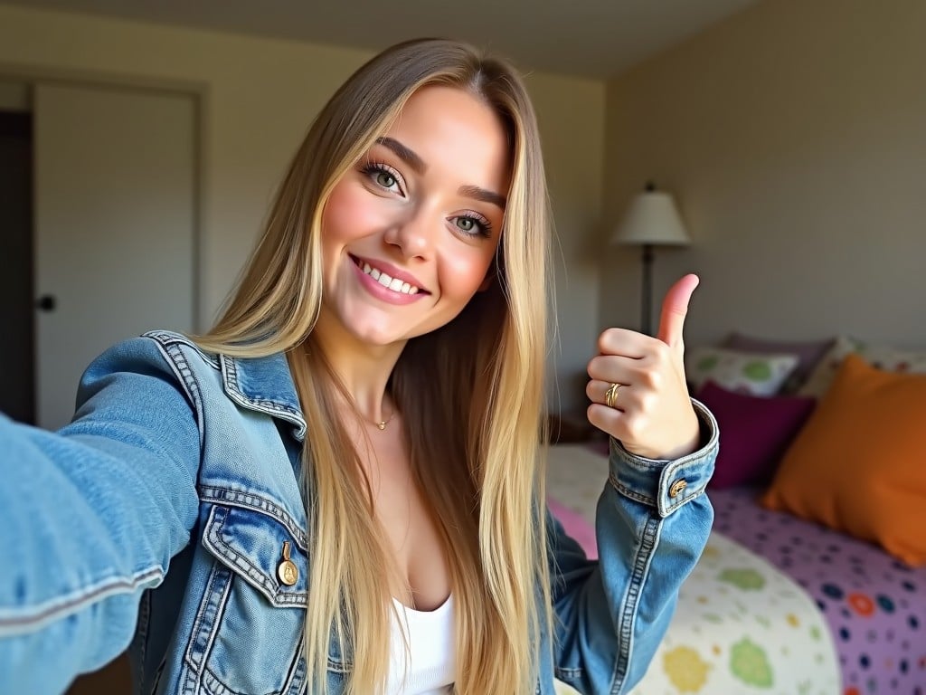 In the image, a person with long, straight blonde hair is posing for a selfie. They are wearing a denim outfit that is casual and stylish. The background includes some hints of a bedroom, with colorful textiles and indirect lighting enhancing the ambiance. The individual is smiling and giving a thumbs-up hand sign, conveying a friendly and positive vibe. The lighting is soft, creating a warm atmosphere that complements the relaxed setting.