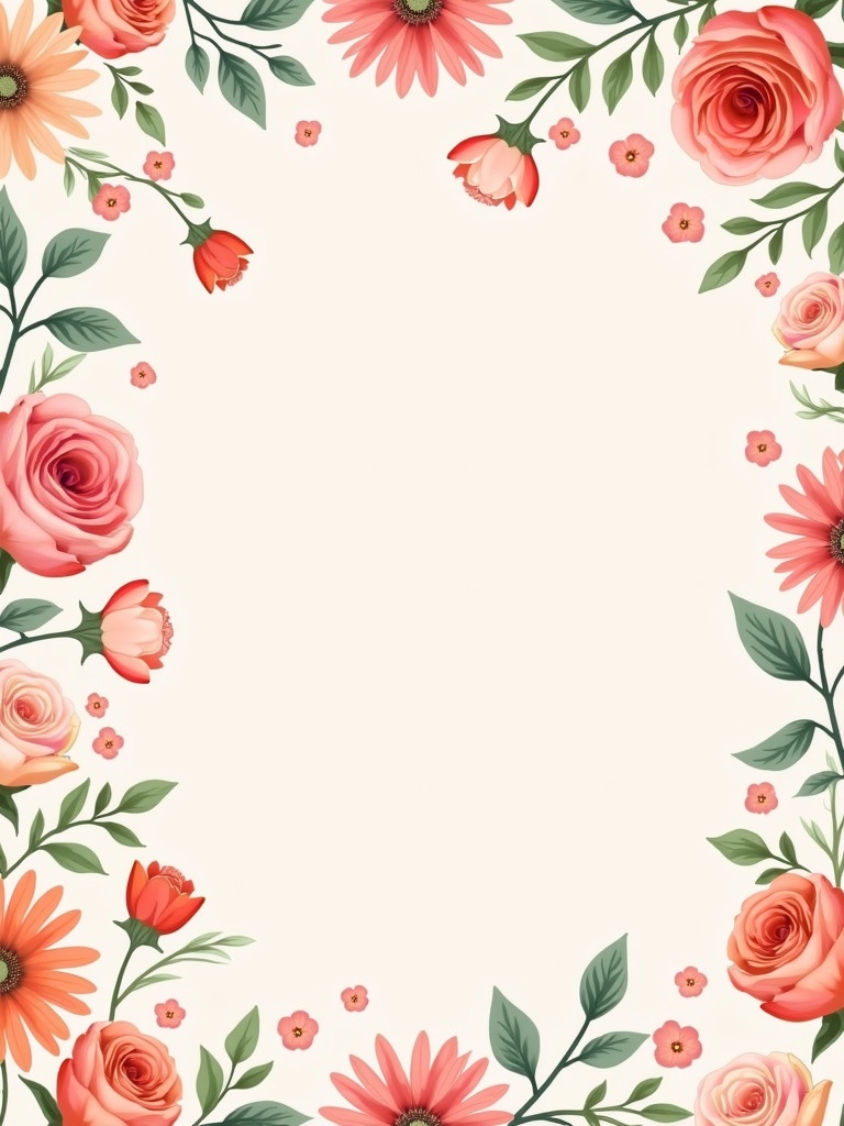 This image features a seamless pattern of various flowers including roses and daisies. The background is light. The arrangement includes vibrant colors such as pink red and peach. Leaves are also present among the flowers. The design is harmonious and cheerful. It is suitable for textiles and wallpapers.