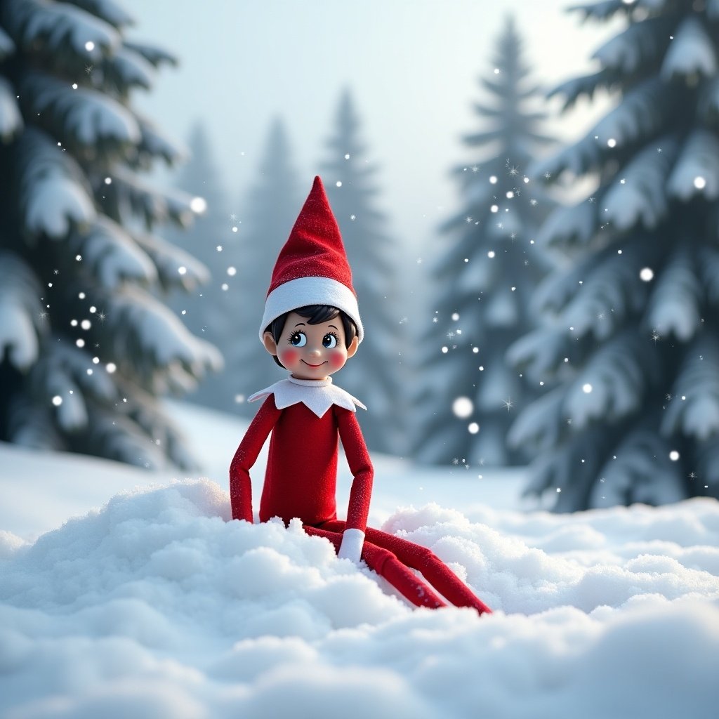 Elf figure in red sitting in the snow surrounded by evergreen trees and snowflakes.