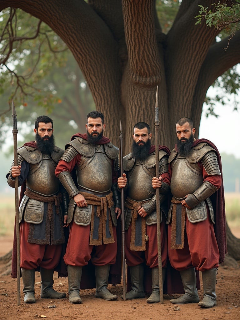 Group of four men in traditional armor standing under a large tree. Each man holds a stick. The setting is rural with natural lighting. The scene highlights earthy tones. Expressions of the men are calm yet determined.