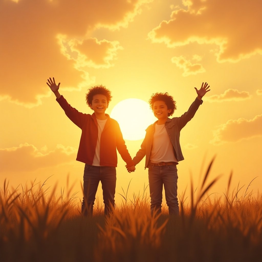 This image captures a joyful moment between two children, Daniel and Noah, as they stand together in a sunlit field during sunset. They are holding hands, which symbolizes friendship and unity. The warm colors of the sunset create a beautiful backdrop, giving a sense of warmth and happiness. Their expressions are filled with joy as they wave, evoking feelings of excitement and love. The scene is reminiscent of carefree childhood moments, perfect for illustrating themes of friendship and family.