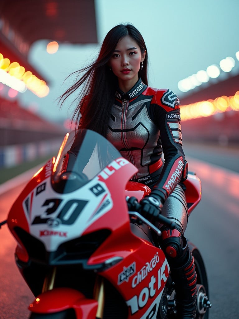 Capture elegance of a Japanese warrior woman in modern Jic armor. She is seated on a MotoGP bike, exuding confidence. Her long hair flows in the wind. Background features a cheering crowd and vibrant lighting. The atmosphere is cinematic and dynamic, highlighting details of her outfit and bike.