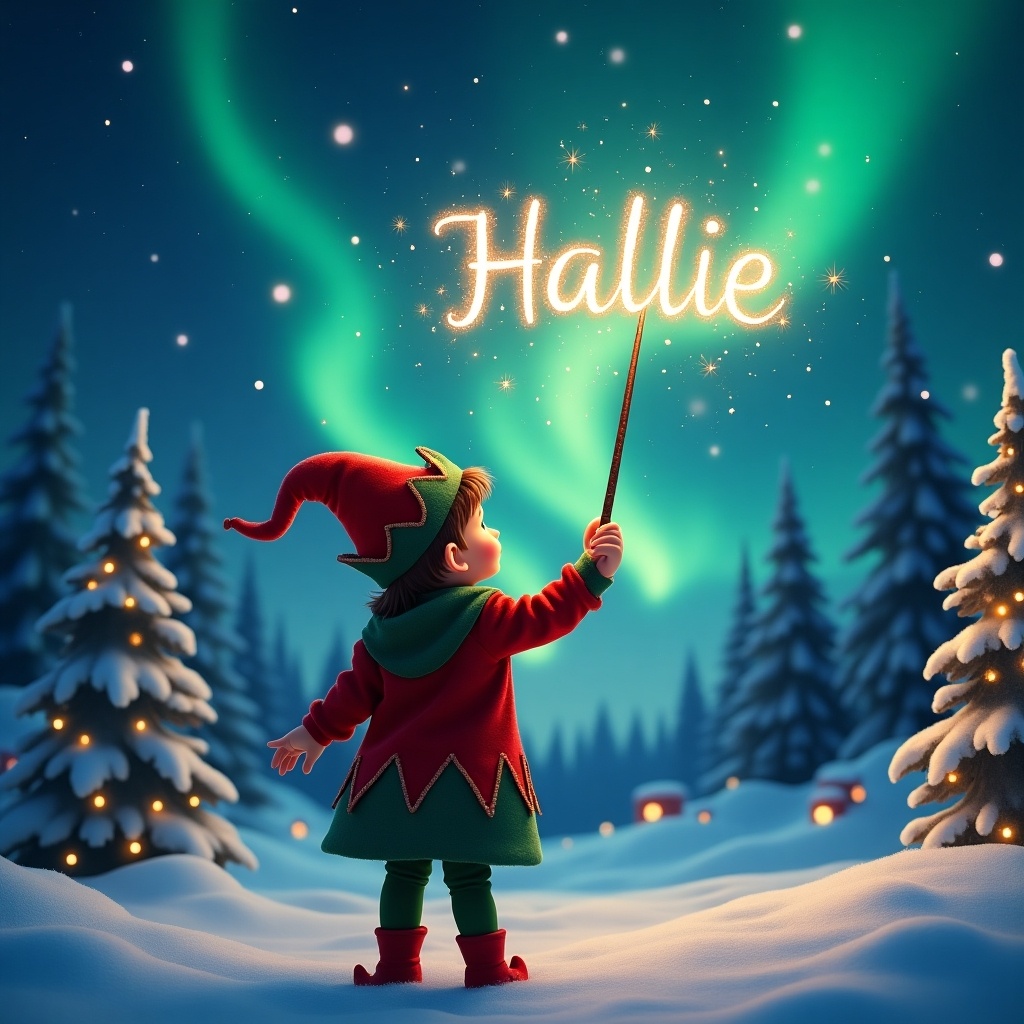 A child dressed as an elf stands with their back to the viewer, gazing up at the night sky. They hold a wand, using it to create the name Hallie in the air, surrounded by sparkles. The scene is set in a winter landscape, featuring snow-covered trees and twinkling lights. The sky is illuminated by beautiful northern lights, creating a magical atmosphere. The entire composition exudes a cheerful and festive vibe, perfect for the holiday season.