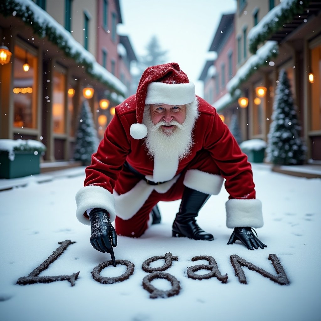 Santa Claus in red and white attire writing the name Logan in snow. Surroundings include charming buildings and a festive winter atmosphere. Soft light enhances the scene.