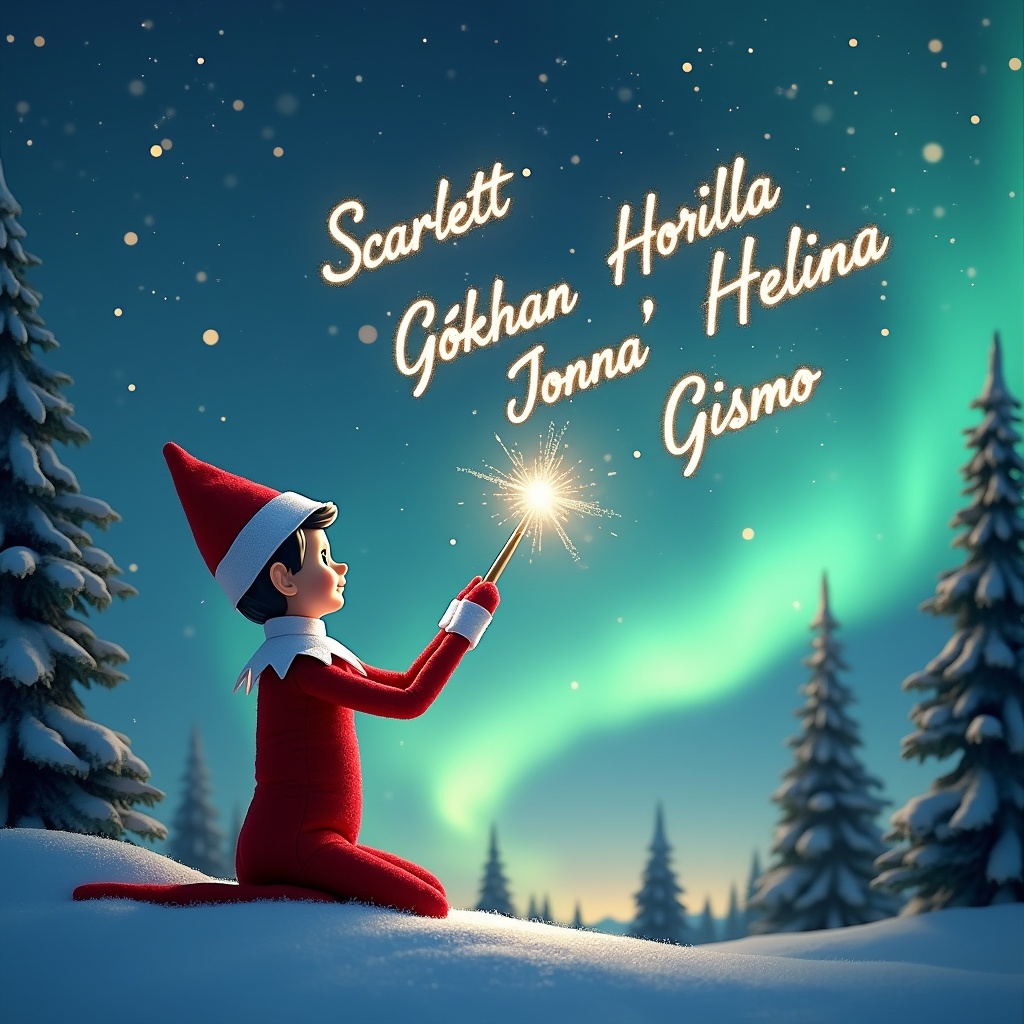 The image features an elf on the shelf in a winter wonderland setting, sitting with its back to the viewer and gazing at the beautiful sky filled with northern lights. The elf holds a magical wand, using it to write names in elegant, sparkling light. In the backdrop, evergreen trees are dusted with snow, enhancing the festive atmosphere. Above the elf, the names 'Scarlett', 'Gökhan', 'Heidi', 'Jonna', and 'Gismo' shimmer as they are written in the sky. The scene embodies a sense of wonder and joy, capturing the magic of Christmas beautifully.