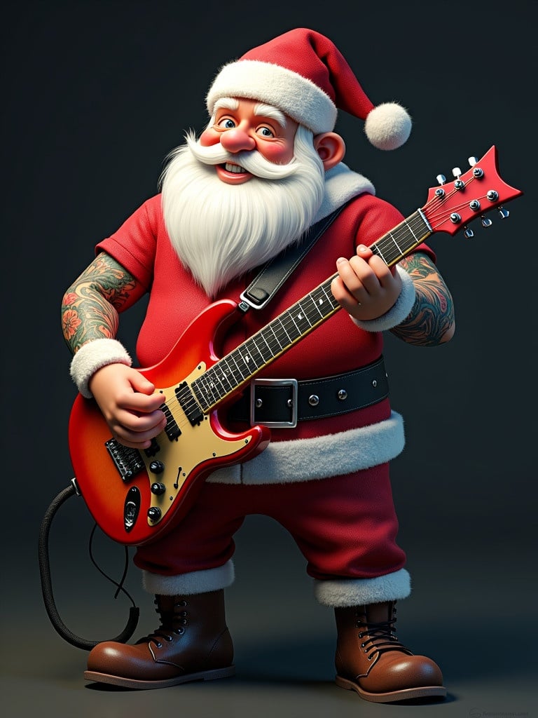 Muscular Santa Claus playing an electric guitar. Santa wears a red t-shirt and has tattooed arms. The character is depicted in a 3D Pixar-style with hard rock vibes. The overall look is cinematic.