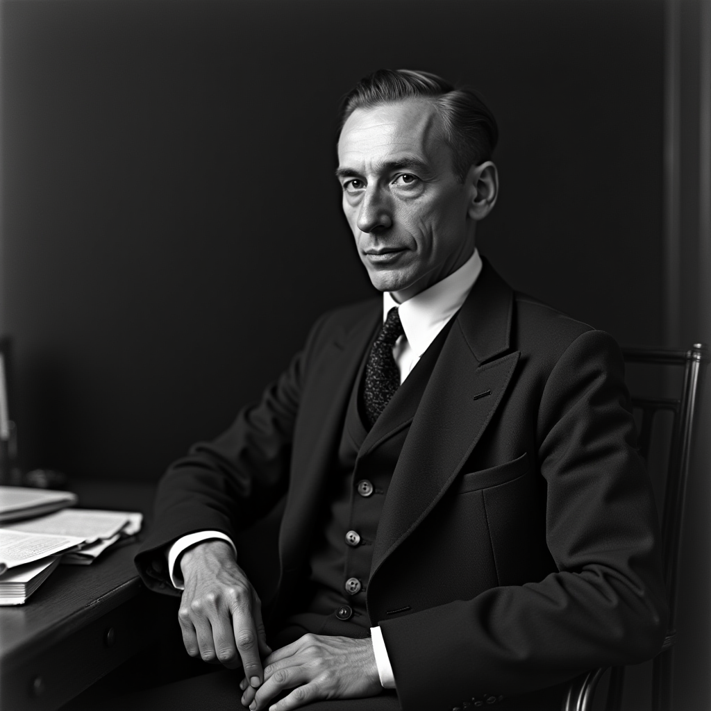 A man in a classic suit sits thoughtfully at a desk with an intense expression in a black and white portrait.