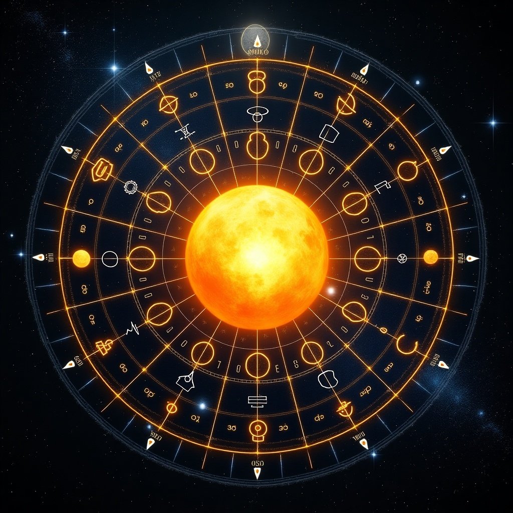 Astrological birth chart with sun in Sagittarius located in fifth house. Zodiac wheel at center with sun radiating orange and yellow. Background features planets and stars. Astrology symbols fill wheel with mystical ambiance. Hyper-realistic quality and vibrant theme.