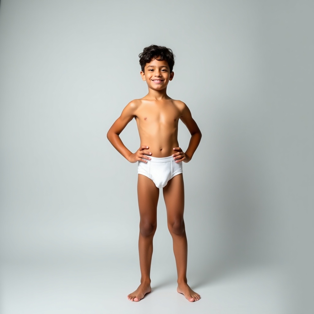 Image features young boy standing upright. Background is light gray. He wears white underwear and is barefoot. Lighting is soft and even. Boy's pose reflects arrogance and dominance. Style is minimalistic, focusing on subject.