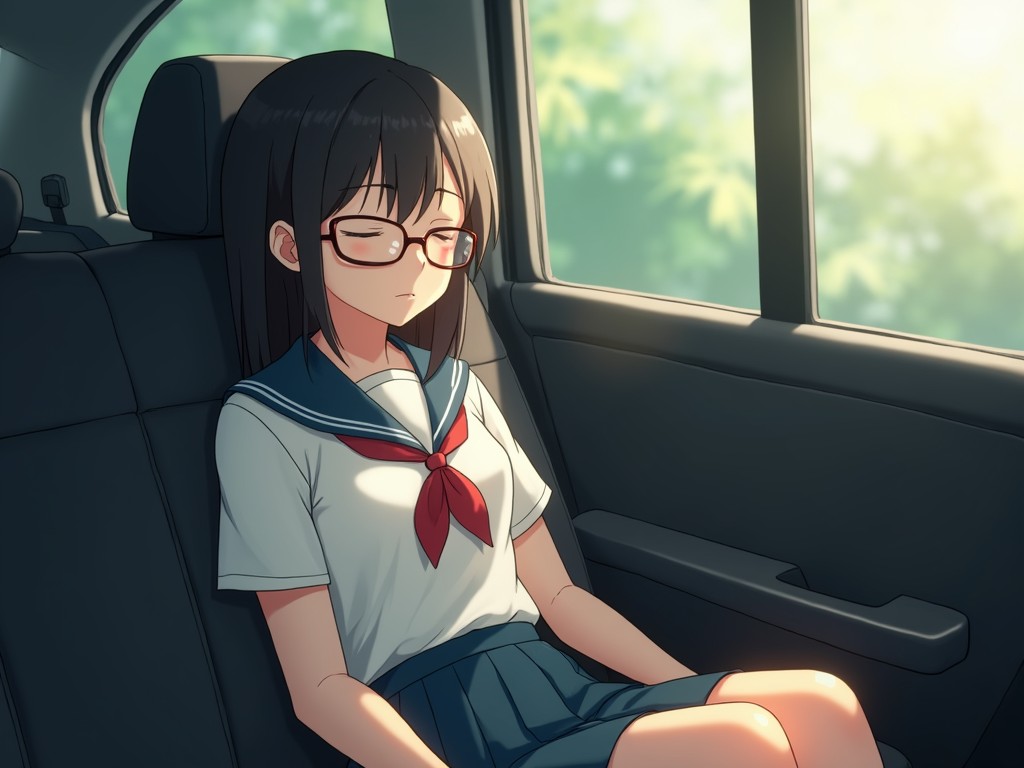 The image features an anime-style character, a young girl wearing a sailor uniform and glasses, snoozing peacefully in the back seat of a car. Her serene expression is illuminated by the warm glow of sunlight streaming in through the car window, casting gentle shadows and highlighting the lush greenery outside.