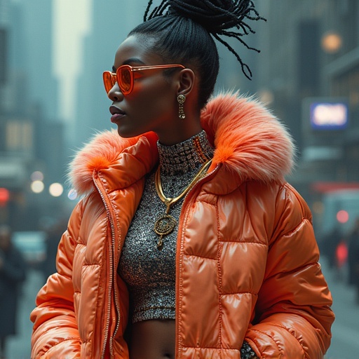 Futuristic avant garde fashion with luxurious elements. Artful representation of an alternate dimension combining high fashion and streetwear styles. A stylish individual wearing an orange puffer jacket and unique accessories creates a visually striking portrayal. Colors pop in a vibrant urban setting. The subject embodies a cool and edgy persona.