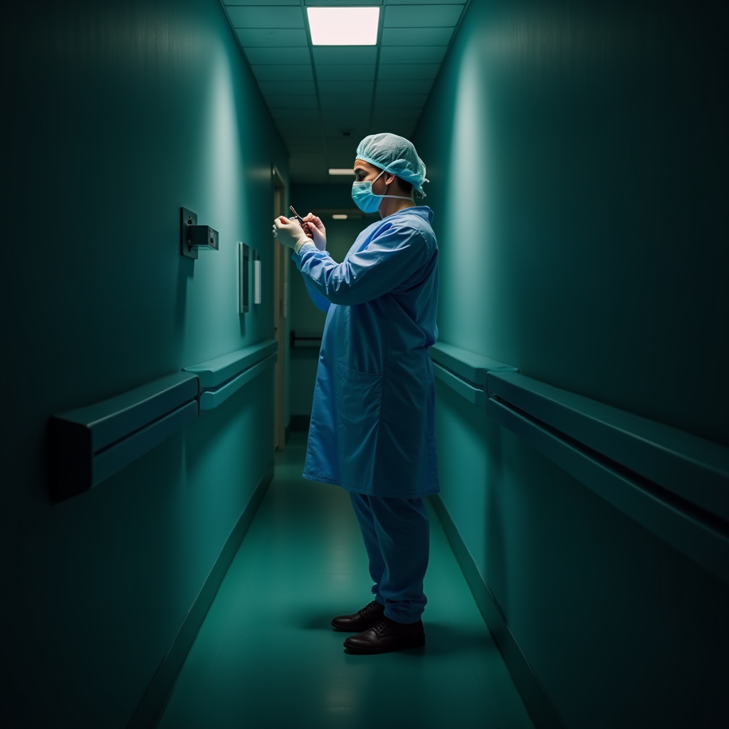 A medical professional in scrubs and a mask stands in a dimly-lit hospital hallway, writing notes.