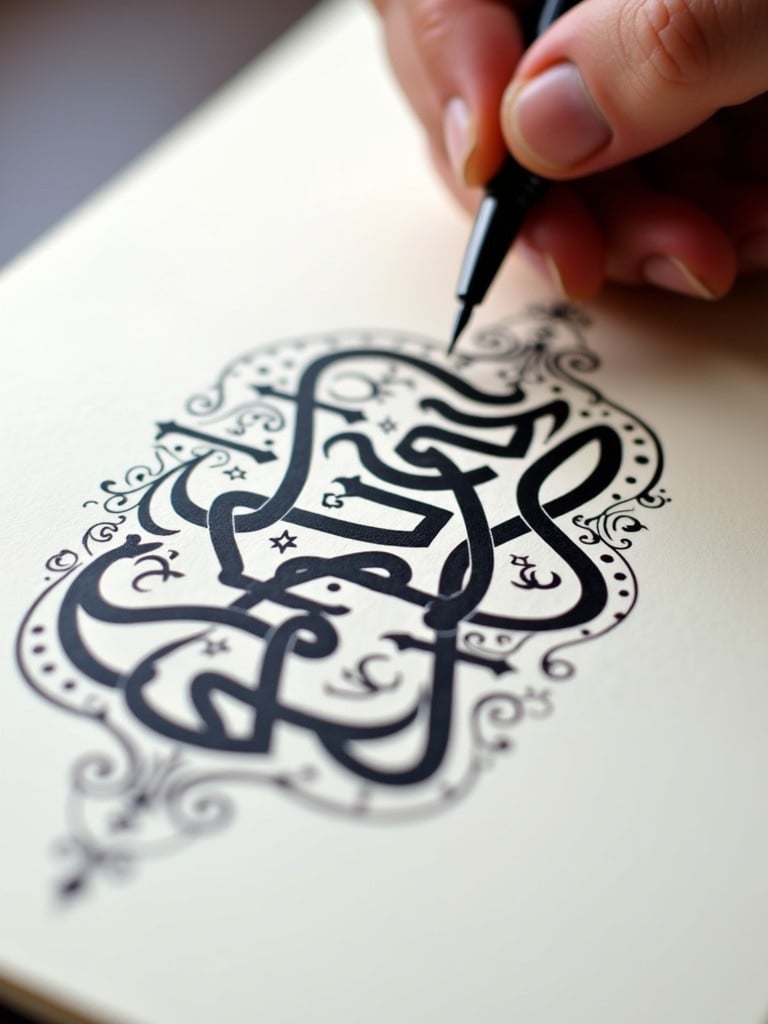 Close-up view of hand using pen to write Arabic calligraphy. Bold black ink on white paper. Hand is steady and focused on letters. Designs surround the main calligraphy. Soft lighting enhances the strokes. Alekya to be written.Khaleel