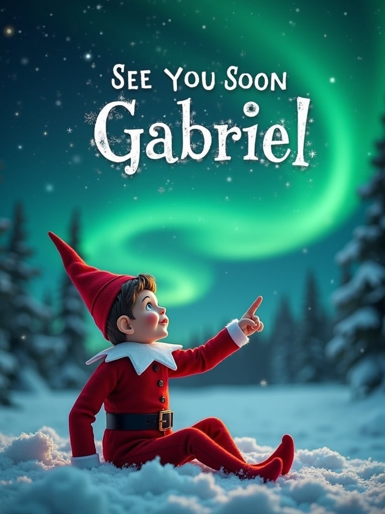 The image features a whimsical elf seated in a snowy landscape. The elf gazes up at the vibrant night sky. The sky is illuminated by northern lights showcasing green and blue hues. The elf wears a classic red suit with a pointed hat and points upwards. The text 'See You Soon Gabriel' is artistically written in the air. The atmosphere is magical and festive, capturing the essence of holiday cheer.