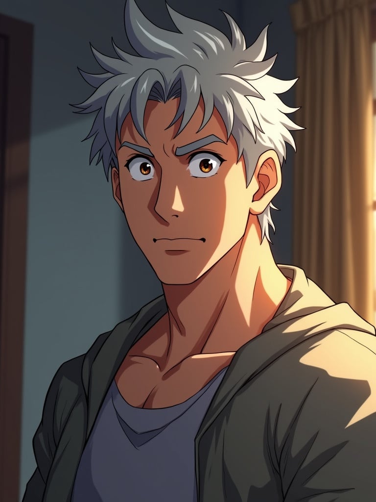 Vivid anime character with grey messy hair. Character is fit and aged around 60 years. Brown eyes present in soft lighting setting.