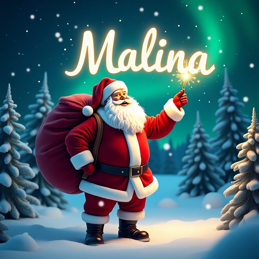 The image features a cheerful Santa Claus standing in a snowy landscape. He has a large red sack slung over his shoulder and is holding a sparkly wand. Santa is dressed in his traditional red and white outfit, complete with a belt and boots. Behind him, the night sky is illuminated with twinkling stars. Pine trees dot the snowy ground, encapsulating a festive winter atmosphere. The image captures a magical moment in a winter wonderland, featuring Santa Claus in his classic red suit and hat.