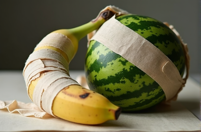 A banana and a watermelon wrapped in beige bandages on a table.