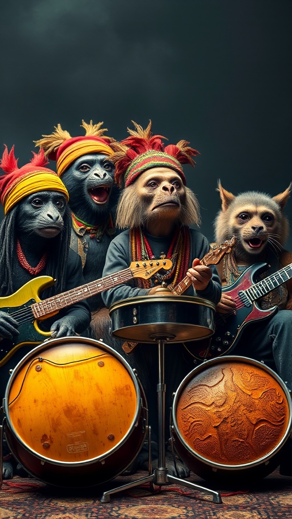 The image showcases a vibrant and whimsical scene of a group of anthropomorphic animals forming a band. These creatures are dressed in reggae-inspired attire, complete with colorful hats and beaded necklaces. They are energetically performing with a variety of musical instruments, including guitars and drums. The setting is dynamic and lively, capturing a joyful and playful atmosphere under a stormy sky.