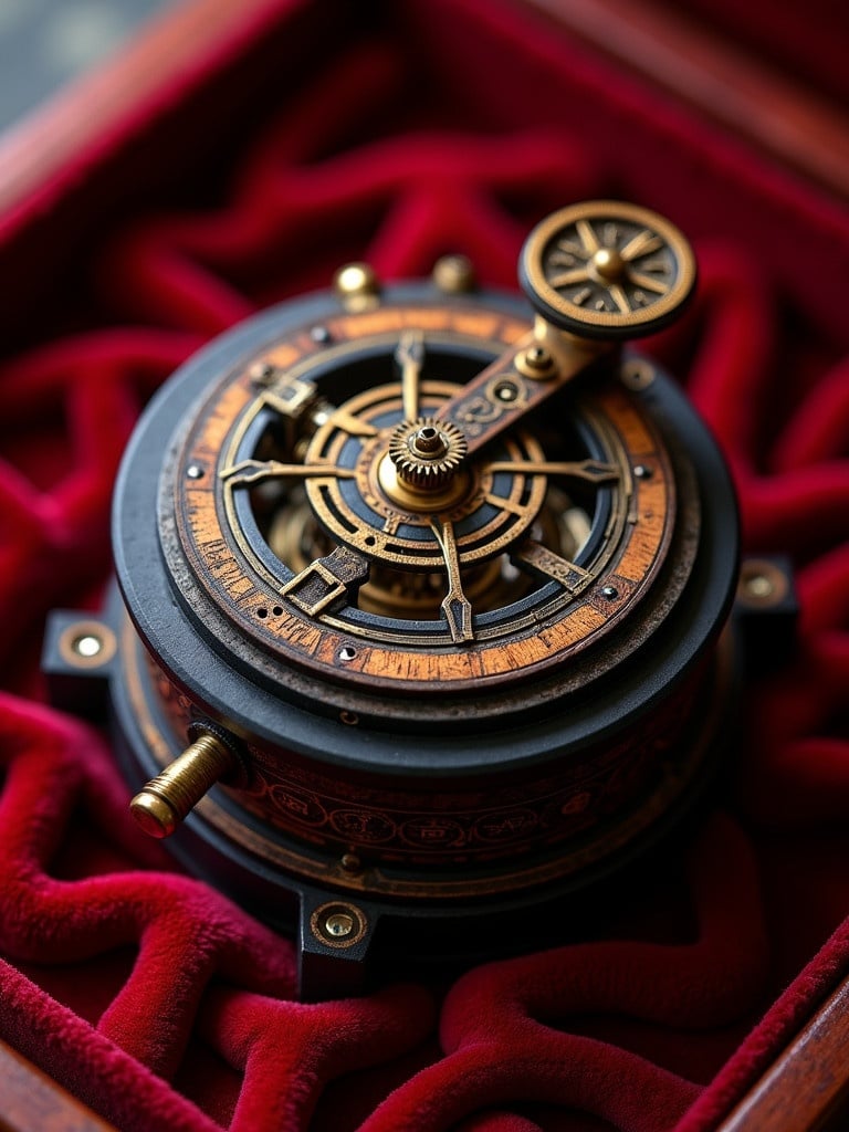 Intricate mechanical puzzle has mystical symbols and gear mechanism. Levers are visible on the ornate cocobolo wood dial face. Round matte black body rests on red velvet. Warm golden glow illuminates the scene. Rich velvety backdrop resembles an ancient tome.