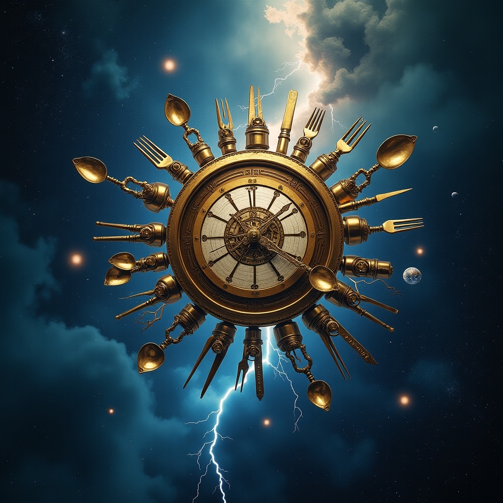 Image of deep space with a hybrid clockwork mechanism. Incorporates cutlery and hourglasses. Struck by lightning at the bottom. Abstract representation showcasing cosmic beauty and wonder.